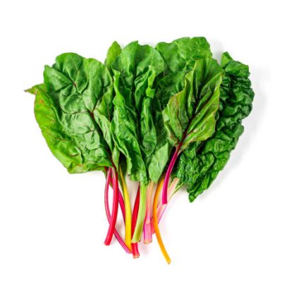 Bunch of swiss chard leafves isolated on white background. Fresh swiss rainbow chard with yellow, red and green colors, top view or flat lay